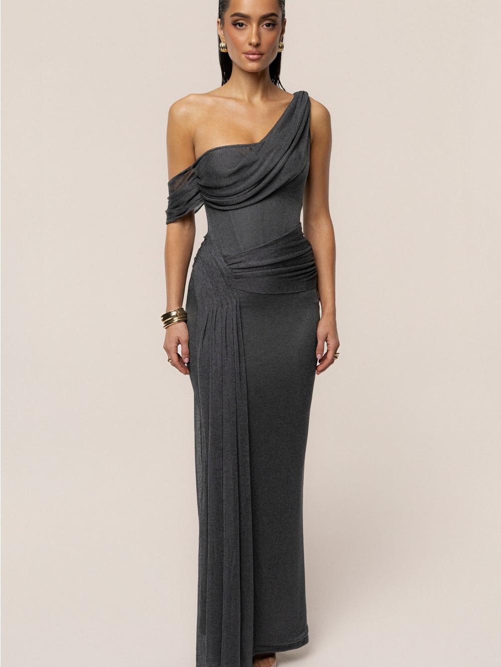 JLUXLABEL One-Shoulder Draped Gown in Charcoal